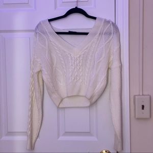 PLT Cream cable knit v neck crop- sweater